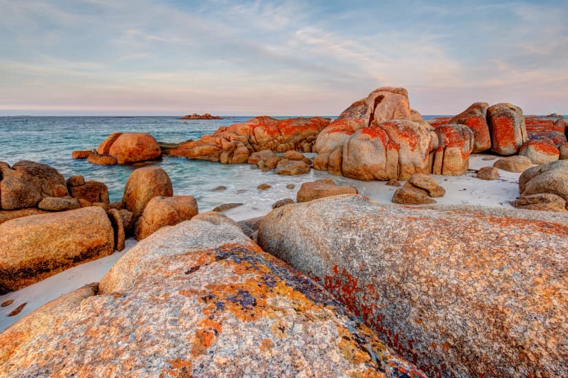Lichen-covered granite boulders on the Bay of Fires